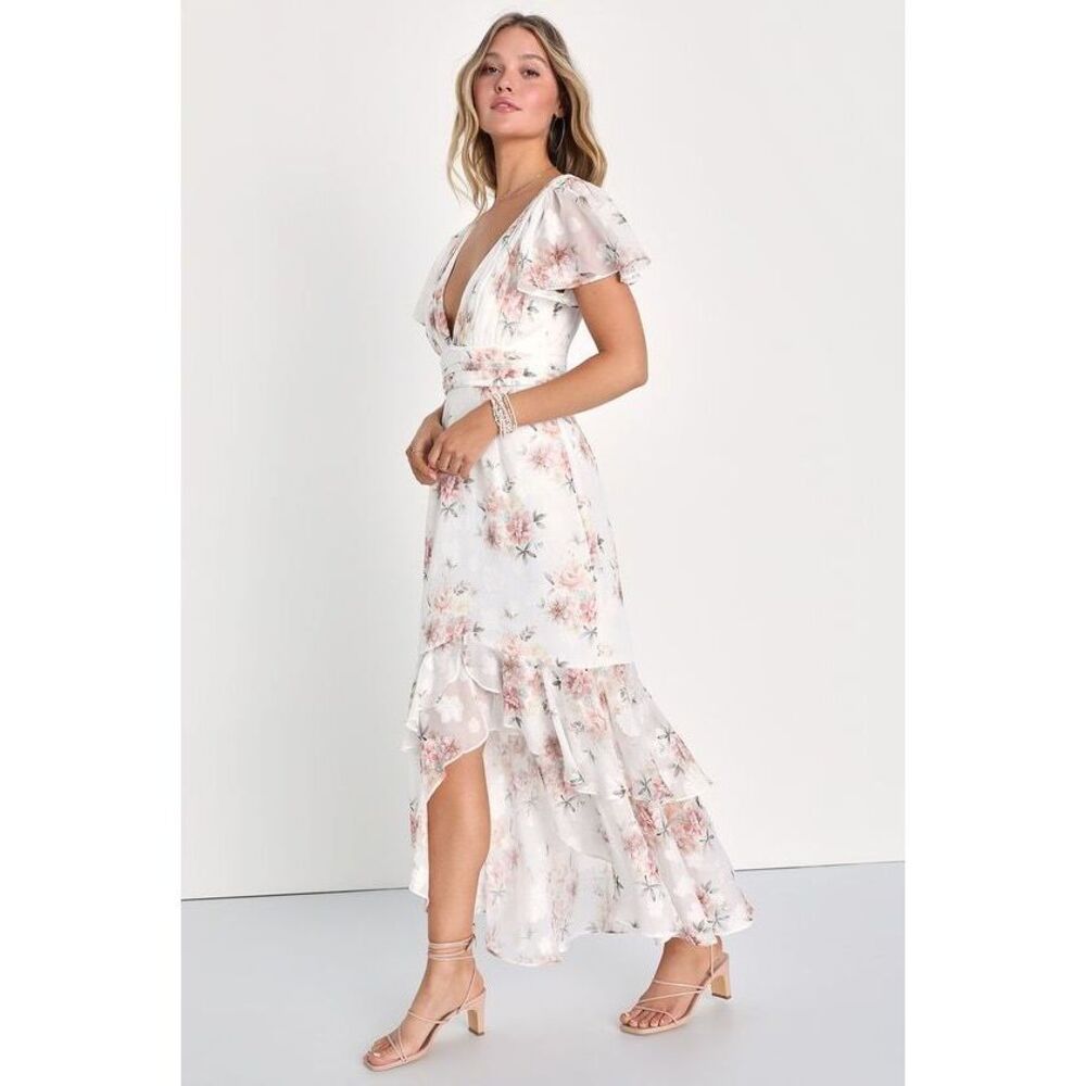 Lulus Passionate Ease White Floral Jacquard Tiered High-low Dress - Size XS